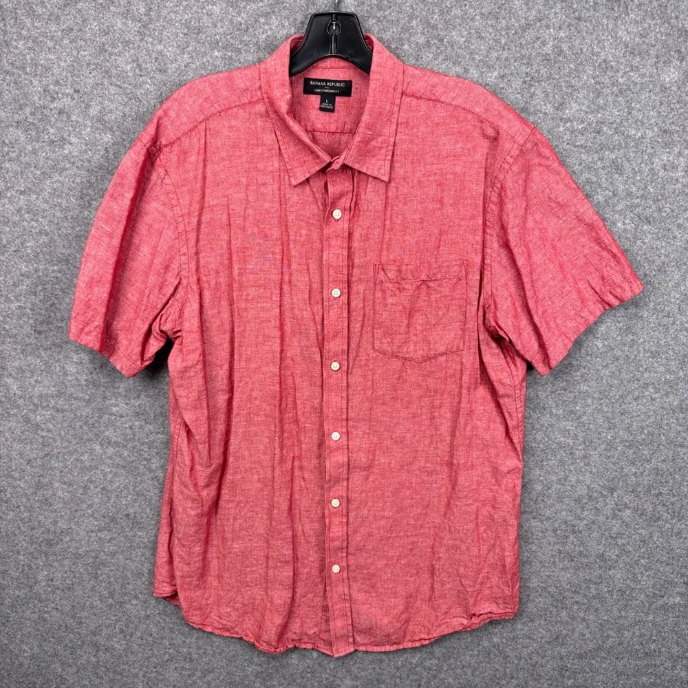 Banana Republic Mens Large Red Linen Cotton Blend Short Sleeve Button Down Shirt